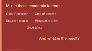 Mix in these economic factors:
13Optimizing Capacity for Opportunity Jill Stephens
And what is the result?
Cost of beneﬁts
Reluctance to hire
Uncertainty
Great Recession
Stagnant wages
 