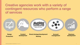 21
Creative agencies work with a variety of
contingent resources who perform a range
of services
Maybe this time!
Content
development
Design
Production
Brand strategy/development
Naming
Account
management
Business
development
Optimizing Capacity for Opportunity Jill Stephens
 