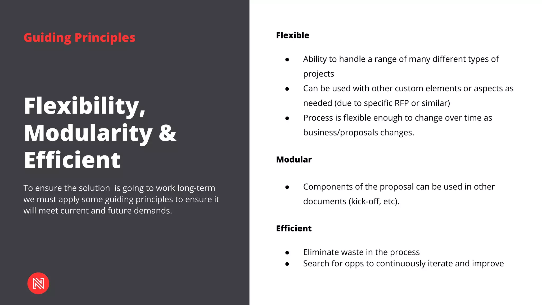 Guiding Principles
To ensure the solution is going to work long-term
we must apply some guiding principles to ensure it
will meet current and future demands.
Flexibility,
Modularity &
Efficient
Flexible
● Ability to handle a range of many different types of
projects
● Can be used with other custom elements or aspects as
needed (due to specific RFP or similar)
● Process is flexible enough to change over time as
business/proposals changes.
Modular
● Components of the proposal can be used in other
documents (kick-off, etc).
Efficient
● Eliminate waste in the process
● Search for opps to continuously iterate and improve
 