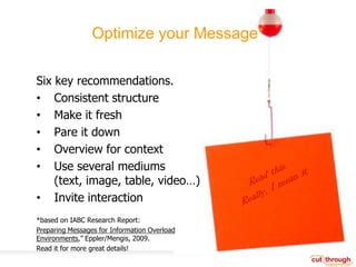 Read this. Really, I mean it Optimize your Message*Six key recommendations.Consistent structureMake it freshPare it downOverview for contextUse several mediums (text, image, table, video…)Invite interaction*based on IABC Research Report:Preparing Messages for Information Overload Environments,” Eppler/Mengis, 2009.Read it for more great details!