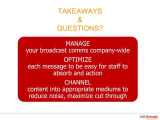 TAKEAWAYS&QUESTIONS?MANAGEyour broadcast comms company-wideOPTIMIZE each message to be easy for staff to absorb and actionCHANNEL content into appropriate mediums to reduce noise, maximize cut throughChecklists,