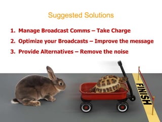 Suggested SolutionsManage Broadcast Comms – Take ChargeOptimize your Broadcasts – Improve the messageProvide Alternatives – Remove the noise
