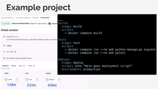 Example project
...
build:
stage: build
script:
- docker compose build
test:
stage: test
script:
- docker compose run --rm web python manage.py migrate
- docker compose run --rm web pytest
deploy:
stage: deploy
script: echo "Here goes deployment script"
environment: production
 