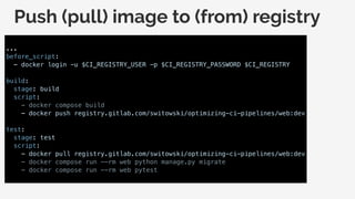 Push (pull) image to (from) registry
...
before_script:
- docker login -u $CI_REGISTRY_USER -p $CI_REGISTRY_PASSWORD $CI_REGISTRY
build:
stage: build
script:
- docker compose build
- docker push registry.gitlab.com/switowski/optimizing-ci-pipelines/web:dev
test:
stage: test
script:
- docker pull registry.gitlab.com/switowski/optimizing-ci-pipelines/web:dev
- docker compose run --rm web python manage.py migrate
- docker compose run --rm web pytest
 