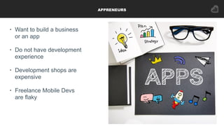 APPRENEURS
• Want to build a business
or an app
• Do not have development
experience
• Development shops are
expensive
• F...