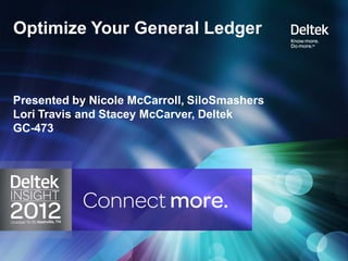 Optimize Your General Ledger



Presented by Nicole McCarroll, SiloSmashers
Lori Travis and Stacey McCarver, Deltek
GC-473
 