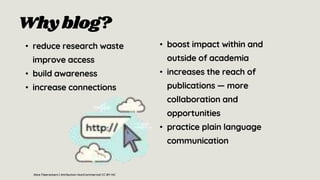 Why blog?
• reduce research waste
improve access
• build awareness
• increase connections
• boost impact within and
outside of academia
• increases the reach of
publications — more
collaboration and
opportunities
• practice plain language
communication
Alice Fleerackers | Attribution-NonCommercial CC BY-NC
 