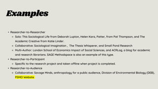 Examples
• Researcher-to-Researcher
⚬ Solo: This Sociological Life from Deborah Lupton, Helen Kara, Patter, from Pat Thompson, and The
Academic Creative from Katie Linder.
⚬ Collaborative: Sociological Imagination , The Thesis Whisperer, and Small Pond Research
⚬ Multi-Author: London School of Economics Impact of Social Sciences, and ACRLog, a blog for academic
and research librarians. SAGE Methodspace is also an example of this type.
• Researcher-to-Participant
⚬ Specific to the research project and taken offline when project is completed.
• Researcher-to-Audience
⚬ Collaborative: Savage Minds, anthropology for a public audience, Division of Environmental Biology (DEB),
PSMO Website
 