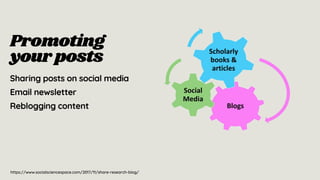 Promoting
yourposts
Sharing posts on social media
Email newsletter
Reblogging content
https://www.socialsciencespace.com/2017/11/share-research-blog/
 