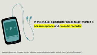 In the end, all a podcaster needs to get started is
one microphone and an audio recorder.
Copeland, Stacey and McGregor, Hannah, "A Guide to Academic Podcasting" (2021). Books. 2. https://scholars.wlu.ca/books/2
 