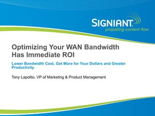 Optimizing Your WAN Bandwidth Has Immediate ROI Lower Bandwidth Cost, Get More for Your Dollars and Greater Productivity Tony Lapolito, VP of Marketing & Product Management 