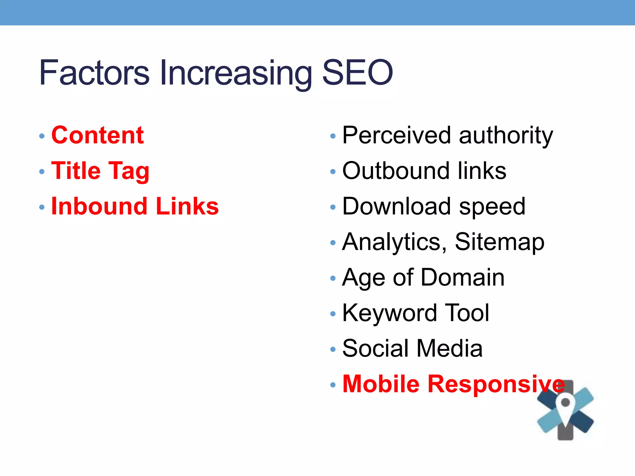 Factors Increasing SEO
• Content
• Title Tag
• Inbound Links
• Perceived authority
• Outbound links
• Download speed
• Analytics, Sitemap
• Age of Domain
• Keyword Tool
• Social Media
• Mobile Responsive
 