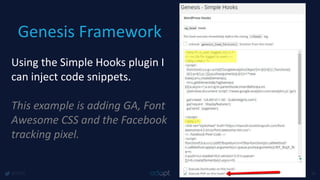 Genesis Framework
@1918 34
Using the Simple Hooks plugin I
can inject code snippets.
This example is adding GA, Font
Awesome CSS and the Facebook
tracking pixel.
 