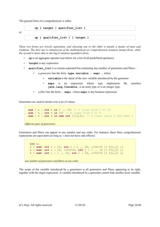 The general form of a comprehension is either
op { target | qualifier_list }
or
op { qualifier_list } { target }
These two forms are strictly equivalent, and choosing one or the other is mainly a matter of taste and
tradition. The first one is reminiscent of the mathematical set comprehension notation (target first), while
the second is more akin to the big-Σ notation (qualifiers first).
• op is an aggregate operator (see below for a list of all predefined operators)
• target is any expression
• qualifier_list is a comma-separated list containing any number of generators and filters :
• a generator has the form type variable : expr , where
• variable is the name of the new variable introduced by the generator
• expr is an expression whose type implements the interface
java.lang.Iterable, is an array type or is an integer type.
• a filter has the form : expr , where expr is any boolean expression
Generators are used to iterate over a set of values:
Generators and filters can appear in any number and any order. For instance, these three comprehension
expressions are equivalent (as long as f does not have side effects):
The scope of the variable introduced by a generators is all generators and filters appearing to its right,
together with the target expression. A variable introduced by a generator cannot hide another local variable.
(C) Ateji. All rights reserved. 11-09-26 Page 36/66
int k;
k = sum{ int i : 10, int j : 1 .. 10, :i%2==0 }{ f(i,j) };
k = sum{ int i : 10, :i%2==0, int j : 1 .. 10 }{ f(i,j) };
k = sum{ int j : 1 .. 10, int i : 10, :i%2==0 }{ f(i,j) };
any number of generators and filters in any order
sum { k | int k in 1 .. 10} // k loops from 1 to 10
sum { k | int k in 10} // k loops from 0 to 9
sum { k | int k in new int []{3,5}} // k takes value 3 and then 5
different types of generators
 