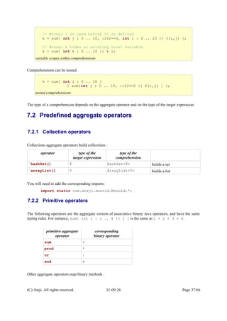 Comprehensions can be nested.
The type of a comprehension depends on the aggregate operator and on the type of the target expression.
7.2 Predefined aggregate operators
7.2.1 Collection operators
Collections aggregate operators build collections :
operator type of the
target expression
type of the
comprehension
`hashSet() T HashSet<T> builds a set
`arrayList() T ArrayList<T> builds a list
You will need to add the corresponding imports:
import static com.ateji.monoid.Monoid.*;
7.2.2 Primitive operators
The following operators are the aggregate version of associative binary Java operators, and have the same
typing rules. For instance, sum{ int i : 1 .. 4 }{ i } is the same as 1 + 2 + 3 + 4.
primitive aggregate
operator
corresponding
binary operator
sum +
prod *
or |
and &
Other aggregate operators map binary methods :
(C) Ateji. All rights reserved. 11-09-26 Page 37/66
// Wrong; i is used before it is defined
k = sum{ int j : 0 .. 10, :i%2==0, int i : 0 .. 10 }{ f(i,j) };
// Wrong: k hides an existing local variable
k = sum{ int k : 0 .. 10 }{ k };
variable scopes within comprehensions
k = sum{ int i : 0 .. 10 }
{ sum{int j : 0 .. 10, :i%2==0 }{ f(i,j) } };
nested comprehensions
 