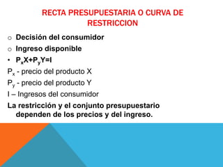 RECTA PRESUPUESTARIA O CURVA DE
RESTRICCION
o Decisión del consumidor
o Ingreso disponible
• PxX+PyY=I
Px - precio del producto X
Py - precio del producto Y
I – Ingresos del consumidor
La restricción y el conjunto presupuestario
dependen de los precios y del ingreso.
 