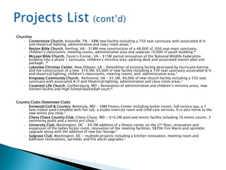 Churches
   o Cornerstone Church, Knoxville, TN – $8M new facility including a 750 seat sanctuary with associated A/V
      and theatrical lighting, administrative and class room areas.*
   o Reston Bible Church, Sterling, VA – $18M new construction of a 48,000 sf, 930 seat main sanctuary,
      children’s classrooms, meeting rooms, administrative area and separate 10,000 sf youth building.*
   o McLean Bible Church, Tyson’s Corner, VA – $15M partial renovation of the National Wildlife Federation
      building into a phase 1 sanctuary, children’s ministry area, parking deck and associated master plan site
      package. *
   o Lakeview Christian Center, New Orleans, LA – Demolition of existing facility destroyed by Hurricane Katrina
      and the construction of a new $10.5M, 65,000 sf new facility including a 750 seat sanctuary associated A/V
      and theatrical lighting, children’s classrooms, meeting rooms, and administrative area.*
   o Kingsway Community Church, Richmond, VA - $5.5M, 40,000 sf new church facility including a 550 seat
      sanctuary with associated A/V and theatrical lighting, administrative and class room areas.*
   o Covenant Life Church, Gaithersburg, MD – Renovation of administrative and children’s ministry areas, new
      kitchen facility and High School basketball court.*


Country Clubs/Downtown Clubs
   o Kenwood Golf & Country, Bethesda, MD - $8M Fitness Center including locker rooms, full service spa, a 7
       lane indoor pool complete with hot tub, a studio exercise room and child care services. It is also home to the
       new tennis pro shop.*
   o Chevy Chase Country Club, Chevy Chase, MD - $10.2M pool and tennis facility including 16 tennis courts, 3
       swimming pools and a tennis pro shop.*
   o University Club, Washington, DC - $4.5M addition of a fitness center on the 2nd floor, renovation and
       expansion of the ladies locker room, renovation of the meeting facilities; $870K Fire Alarm and sprinkler
       upgrade along with the addition of new bar/lounge.*
   o Sulgrave Club, Washington, DC - multiple projects including a kitchen renovation, meeting room and
       ballroom restorations, sprinkler and fire alarm upgrades.*
 