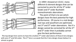 In 1994 I showed at I.O.D.C. many
different 6 element designs that can be
corrected to zero for all the 3rd order
Seidel and 5th order Buchdahl
monochromatic aberrations.
The point of that is to see which
designs have the best potential for high
performance. Of course in a real design
real rays and wavefront are optimized,
not 3rd and 5th order aberrations. But if a
design cannot be corrected for all the 3rd
and 5th order then it probably cannot
give the best performance.
The top design here seems to have the smallest 7th-order aberrations of those 6 lens designs
with zero 3rd and 5th order. The 2nd lens is so weak that the 5 lens design shown below it is
almost as good.
 