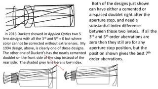 Both of the designs just shown
can have either a cemented or
airspaced doublet right after the
aperture stop, and need a
substantial index difference
between those two lenses. If all the
3rd and 5th order aberrations are
zero then they still are for any
aperture stop position, but the
position shown gives the best 7th
order aberrations.
In 2013 Duckett showed in Applied Optics two 5
lens designs with all the 3rd and 5th = 0 but where
color cannot be corrected without extra lenses. My
1994 design, above, is clearly one of these designs.
The other one of Duckett’s has the nearly cemented
doublet on the front side of the stop instead of the
rear side. The shaded grey lens here is low index.
 