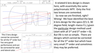 A related 6 lens design is shown
here, with essentially the same
polychromatic MTF. Only the first
two lenses are cemented.
So now we are finished, right?
Wrong! We have identified the best
6 lens design for the specs (f/1.5, 30
degree field, length <twice F.L.) given
the particular design method used
(start with all 3rd and 5th order = 0).
But life is not so simple. There are
designs which cannot be corrected
for all the 5th order but which have
very small 7th order and sometimes
they may be preferred.
This 5 lens design
cannot be corrected
for all the 5th order but
has very good
performance and can
be corrected for axial
and lateral color.
 