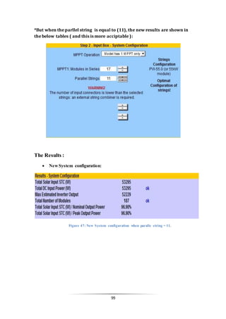 99
*But when the parllel string is equal to (11), the new results are shown in
the below tables ( and this is more acciptable ):
The Results :
 New System configuration:
Figure 47: New System configuration when paralle string = 11.
 