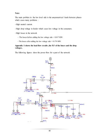 49
Note:
The main problem in the low level side is the unsymmetrical loads between phases
which cases many problems :
- High neutral current.
- High drop voltage in feeder which cases low voltage in the consumers.
- High losses in the network
- The losses before adding the low voltage side = 0.017 MW.
- The losses after adding the low voltage side = 0.178 MW.
Appendix I shows the load flow results ,the P.F of the buses and the drop
voltages.
The following figures show the power flow for a part of the network
 