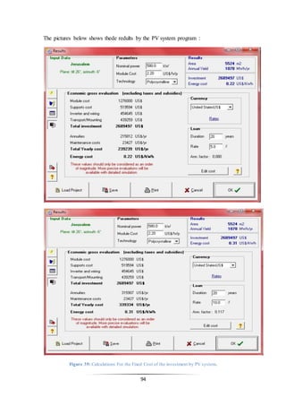 94
The pictures below shows thede redults by the PV system program :
Figure 39: Calculations For the Fixed Cost of the investment by PV system.
 