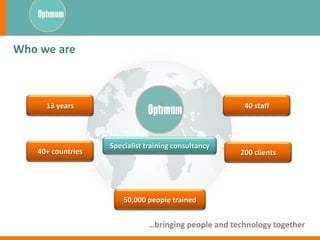 Who we are



     13 years                                         40 staff




                   Specialist training consultancy
   40+ countries                                     200 clients




                       50,000 people trained


                              …bringing people and technology together
 