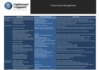 Construction Management
                  Project Management




                         SERVICIOS                                           DOCUMENTACIÓN                                                                OBJETIVOS
LICITACIÓN        DEFINICIÓN ESTRATEGIA LOTES CONTRATACIÓN        INFORME LOTIFICACIÓN                            Evitar subcontrataciones, optimización de costes y mayor control de obra
CONSTRUCCIÓN      PLIEGO DE CONDICIONES                           DOCUMENTACIÓN CONCURSO                          Elaboración de toda la documentación de concurso. Afianzamiento de aspectos legales
                  ANÁLISIS DE OFERTAS                             INFORME COMPARATIVO                             Análisis y homogenización de ofertas. Comparativo, estimación de temeridad y conclusión
                  REVISIÓN DE CONTRATOS
                  REVISIÓN DE CONTRATOS                           CONTRATACIÓN, GARANTÍAS – RESP. CIVIL
                                                                  CONTRATACIÓN GARANTÍAS RESP CIVIL               Afianzamiento de aspectos legales y garantías
                                                                                                                  Afianzamiento de aspectos legales y garantías
                                                                                                                  Verificación in situ por parte de la DF y la Constructora  de las condiciones del solar y fijación 
CONSTRUCCIÓN      ACTA DE INICIO Y REPLANTEO                      ACTA DE INICIO Y REPLANTEO
                                                                                                                  fecha inicio de obres
                                                                  ASUME – RESP. CIVIL – ACTAS REUNIONES –         Dirección ejecución obra, optimización procesos y sistemas auxiliares para obtener mayor 
                  DIRECCIÓN DE EJECUCIÓN                          INFORMES – PROGRAMA CONTROL CALIDAD             producción. Seguimiento obra, precios contradictorios, certificaciones, verif. resultados 
                   LIDERAZGO Y COORD EQUIPO DE OBRA ‐ DO, DE,  
                                                                                                                  Liderazgo del proceso para evitar pérdidas de tiempo y costes improductivos
                                                                                                                  Liderazgo del proceso para evitar pérdidas de tiempo y costes improductivos
                 CONSTRUCTORA, SEGURIDAD Y SALUD, 
                 SUBCONTRATAS, COMPAÑIAS.
                   OPTIMIZACIÓN IMPLANTACIÓN DE OBRA              INFORMES                                        Optimización producción de obra, minimización impacto entorno, afianzamiento seguridad
                   IMPLANTACIÓN CONTROL MEDIOAMBIENTAL            INFORMES – CONTROL MEDIOAMBIENTAL               Respeto al medio ambiente. Mejora imagen corporativa
                   ANÁLISIS PROPUESTAS DE CAMBIO                  INFORMES                                        Gestión proactiva de propuestas de cambio por parte de cualquiera de los agentes
                   ANÁLISIS Y NEGOC PRECIOS  CONTRADICTORIOS      PRECIOS CONTRADICTORIOS                         Optimización de costes y actualización del seguimiento económico
                   CONTROL TEMPORAL Y SEGUIMIENTO DE HITOS
                   CO    O       O      S G        O      OS      ACTUALIZACIÓN PLANNING DE OBRA
                                                                  ACTUALIZACIÓN PLANNING DE OBRA                  Ejecución en el mejor plazo posible. Hitos, compromisos y acciones correctoras
                                                                                                                  Ej    ió      l   j    l       ibl Hit              i        i           t
                                                                  SEGUIMIENTO ECONÓMICO – CERTIFICACIONES Y  Ejecución al mejor precio. Información puntual a la propiedad y replanificación mensual de
                  CONTROL ECONÓMICO
                                                                  LIQUIDACIÓN DE OBRA                        previsión de certificaciones
                  CONTROL DE CALIDAD                              SEGUIMIENTO PROGRAMA CONTROL  CALIDAD      Asegurar de la calidad del producto
                  REDACCIÓN PROYECTOS MODIFICADOS                 PROYECTOS MODIFICADOS                      Ampliación de contrato por desviaciones surgidas
                  REDACCIÓN PROYECTOS COMPLEMENTARIOS
                  REDACCIÓN PROYECTOS COMPLEMENTARIOS             PROYECTOS COMPLEMENTARIOS
                                                                  PROYECTOS COMPLEMENTARIOS                     p                     p                     g
                                                                                                             Ampliación de contrato por desviaciones surgidas
                  SEGUIMIENTO AS BUILT                                                                       Liderazgo durante el transcurso de las tareas de redacción de documentación final de obra
                  REDACCIÓN DOCUMENTACIÓN FINAL DE OBRA           PROYECTO AS BUILT                          Cierre proyecto As Built
                  LIDERAZGO Y APROBACIÓN LIBRO DEL EDIFICIO       APROBACIÓN LIBRO EDIFICIO                  Disposición del Libro del Edificio en los casos contemplados en ley
                  COORDINACIÓN LEGALIZACIONES                     BOLETINES, LEGALIZACIÓN ACTIIVIDADES, 1ª        Obtención de toda la documentación necesaria para la puesta en servicio del producto
                                                                  OCUPACIÓN, CÉDULA HABITABILIDAD
                  CONTRATACIÓN COMPAÑIAS
                  CONTRATACIÓN COMPAÑIAS                          CONTRATACIÓN SERVICIOS
                                                                  CONTRATACIÓN SERVICIOS                          Obtención de todos los servicios necesarios para la entrega
                                                                                                                  Obtención de todos los servicios necesarios para la entrega
                  RECEPCIÓN PROVISIONAL DE OBRA                   ACTA RECEPCIÓN PROVISIONAL – REPASOS            Realización de los repasos marcados en acta de recepción provisional
                  RECEPCIÓN DEFINITIVA DE OBRA                    ACTA DE RECEPCIÓN DE OBRA                       Cierre de obra, inicio período de garantía
                  ENTREGA PRODUCTO ACABADO                                                                        Producto totalmente acabado

SERVICIO POST‐    PERÍODO DE GARANTÍA                                                                             Asistencia durante el plazo de garantía
CONSTRUCCIÓN 
CONSTRUCCIÓN      GESTIÓN Y CIERRE RECLAMACIONES
                  GESTIÓN Y CIERRE RECLAMACIONES                  INFORMES                                        Resolución de reclamaciones y gestión integral de estas
                                                                                                                  Resolución de reclamaciones y gestión integral de estas
                  GESTIÓN ECONÓMICA                                                                               Evitar sobre costes producidos por reclamaciones contempladas en garantía
                  ANÁLISIS DE INCIDENCIAS                         INFORME FINAL                                   Información puntual a la propiedad con el compromiso de todos los agentes implicados
                  VALORACIÓN DE EQUIPOS (DO‐CONSTRUCCIÓN‐
                                                                  INFORME VALORACIÓN PROVEEDORES                  Gradding final para la propiedad, valoración objetiva de los proveedores
                  CONTROL CALIDAD‐SEGURIDAD Y SALUD)
                  GESTIÓN DEVOLUCIÓN GARANTÍAS                    INFORMES                                        Cierre del plazo de garantía con la devolución de avales y/o fianzas
 