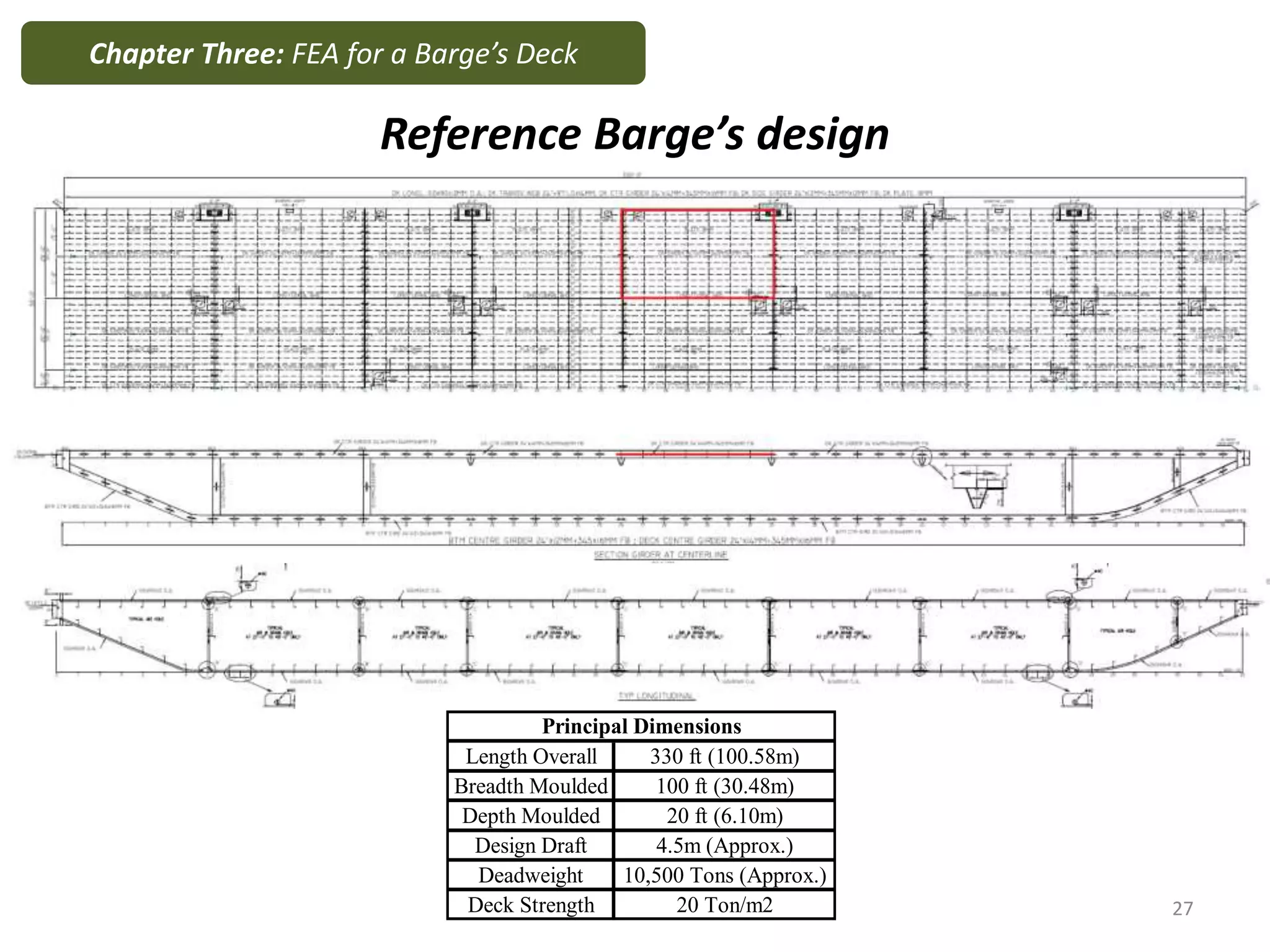 Reference Barge’s design
Length Overall 330 ft (100.58m)
Breadth Moulded 100 ft (30.48m)
Depth Moulded 20 ft (6.10m)
Design Draft 4.5m (Approx.)
Deadweight 10,500 Tons (Approx.)
Deck Strength 20 Ton/m2
Principal Dimensions
Chapter Three: FEA for a Barge’s Deck
27
 