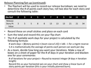 Release Planning/Set-up (continued):
• The flipchart will be used to record our release burndown; we need to
determine the...