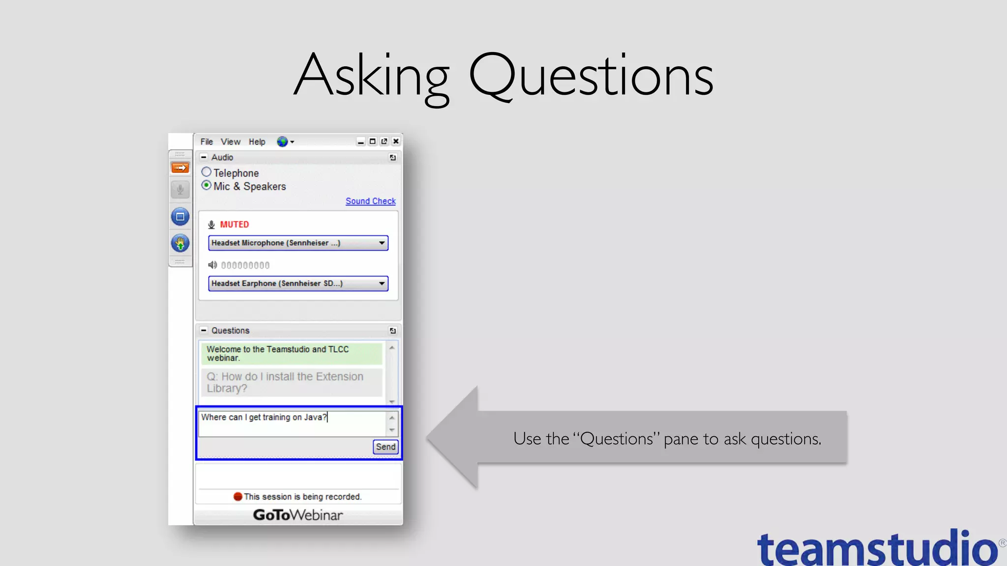 Asking Questions	

Use the “Questions” pane to ask questions.	
  
 