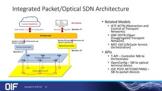 Integrated Packet/Optical SDN Architecture
• Related Models
• IETF ACTN (Abstraction and
Control of Transport
Networks)
• ONF ODTN (Open
Disaggregated Transport
Network)
• MEF LSO (LifeCycle Service
Orchestration)
• APIs
• T-API – Controller NBI to
Orchestrator
• OpenConfig – SBI to optical
terminal device
• IGP, PCEP, NETCONF/YANG –
SBI to packet devices
Copyright © 2020 OIF 10
 