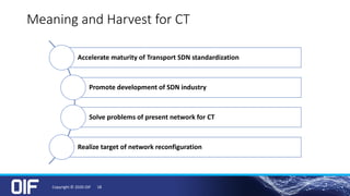 Meaning and Harvest for CT
Accelerate maturity of Transport SDN standardization
Promote development of SDN industry
Solve problems of present network for CT
Realize target of network reconfiguration
Copyright © 2020 OIF 18
 