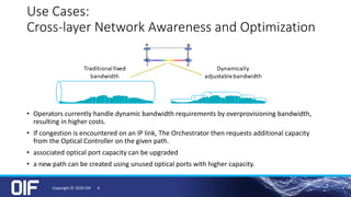Use Cases:
Cross-layer Network Awareness and Optimization
• Operators currently handle dynamic bandwidth requirements by overprovisioning bandwidth,
resulting in higher costs.
• If congestion is encountered on an IP link, The Orchestrator then requests additional capacity
from the Optical Controller on the given path.
• associated optical port capacity can be upgraded
• a new path can be created using unused optical ports with higher capacity.
Copyright © 2020 OIF 6
 