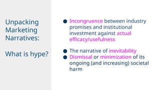 ● Incongruence between industry
promises and institutional
investment against actual
efficacy/usefulness
● The narrative of inevitability
● Dismissal or minimization of its
ongoing (and increasing) societal
harm
Unpacking
Marketing
Narratives:
What is hype?
 