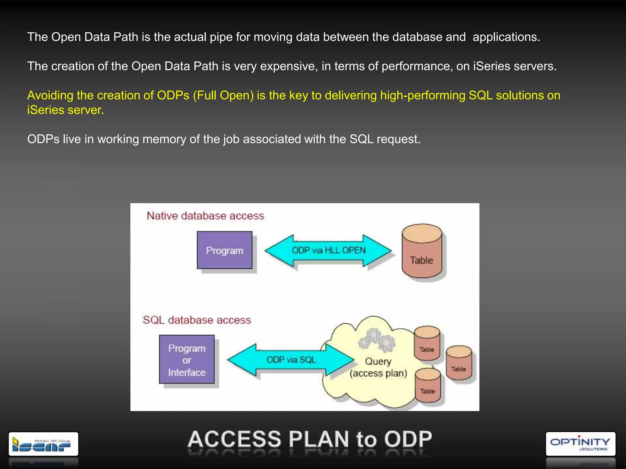 The Open Data Path is the actual pipe for moving data between the database and applications.

The creation of the Open Data Path is very expensive, in terms of performance, on iSeries servers.

Avoiding the creation of ODPs (Full Open) is the key to delivering high-performing SQL solutions on
iSeries server.

ODPs live in working memory of the job associated with the SQL request.
 