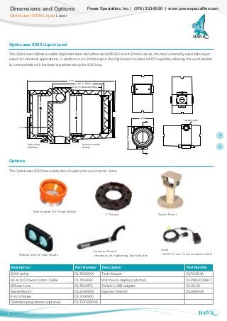 Heading
Optio Laser Level Series
3
Overview
Dimensions and Options
OptioLaser S300 Liquid Laser
OptioLaser S300 Liquid Level
The OptioLaser utilizes a visible alignment laser and offers serial RS232 and 4-20mA outputs, the most commonly used data input/
output for industrial applications. In addition to a 4-20mA output, the OptioLaser includes HART capability, allowing the user freedom
to communicate with the laser anywhere along the 4-20 loop.
Options
The OptioLaser S300 has a selection of options for use in tanks / silos.
Tank Adapter (Air Purge Ready)
4” Flange Swivel Mount
Spanner Wrench
(necessary for tightening Tank Adapter)
S200
12VDC Power Communication Cable
8.44
4.95 To Glass
4.68 To Retaining Ring
3.63
3.62
1.47
Power Side
(Shallow)
Instrument Side
(Deep)
5.29
5.03
3/4” NPT (2 PL)
Description Part Number Description Part Number
S300 series OL70068XX Tank Adapter OL7035146
AC to DC Power Comm. Cable OL7054691 Wall mount display (optional) OLPD620006H7
Diffuser Lens OL7024972 Serial to USB adapter OLXXXX
Swivel Mount OL3004959 Spanner Wrench OL9034501
4 inch Flange OL3004960
Calibrator/programmer (optional) OLTRT438008
Diffuser lens for clear liquids
Power Specialties, Inc. | (816) 353-6550 | www.powerspecialties.com
>
<
 