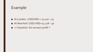 Example
■ At London : USD/VND = 22,120 – 25
■ At NewYork: USD/VND=22,128 – 30
■ => Question: Do we earn profit ?
 