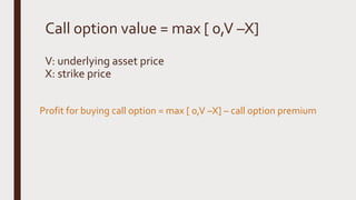 Call option value = max [ 0,V –X]
V: underlying asset price
X: strike price
Profit for buying call option = max [ 0,V –X] – call option premium
 