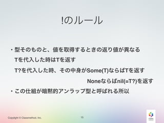 Copylight © Classmethod, Inc.
!のルール
15
!
・型そのものと、値を取得するときの返り値が異なる!
 Tを代入した時はTを返す!
 T?を代入した時、その中身がSome(T)ならばTを返す!
               Noneならばnil(=T?)を返す!
・この仕組が暗黙的アンラップ型と呼ばれる所以
 