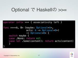 Copylight © Classmethod, Inc.
Optional で Haskellの >>=
27
operator infix >>= { associativity left }
!
func >>=<A, B> (maybe: Optional<A>,
acts: A -> Optional<B>)
-> Optional<B> {
switch maybe {
case .None: return nil
case let .Some(content): return acts(content)
}
}
 