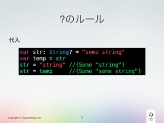 Copylight © Classmethod, Inc.
?のルール
!
代入!
!
!
!
!
8
var str: String? = "some string"
var temp = str
str = “string" //{Some “string"}
str = temp //{Some "some string"}
 