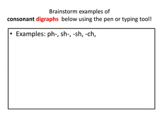 Brainstorm examples of
consonant digraphs below using the pen or typing tool!
• Examples: ph-, sh-, -sh, -ch,
 