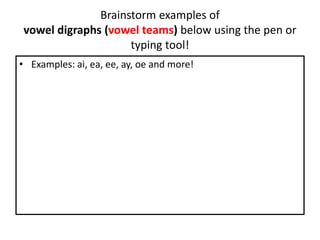 Brainstorm examples of
vowel digraphs (vowel teams) below using the pen or
typing tool!
• Examples: ai, ea, ee, ay, oe and more!
 