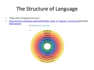 The Structure of Language
• "Major levels of linguistic structure."
• http://commons.wikimedia.org/wiki/File:Major_levels_of_linguistic_structure.svg Wikimedia
Public domain.
 