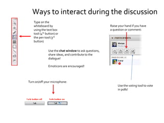 Ways to interact during the discussion
Use the chat window to ask questions,
share ideas, and contribute to the
dialogue!
Emoticons are encouraged!
Type on the
whiteboard by
using the text box
tool (4th button) or
the pen tool (3rd
button)
Turn on/off your microphone:
Raise your hand if you have
a question or comment:
Use the voting tool to vote
in polls!
 