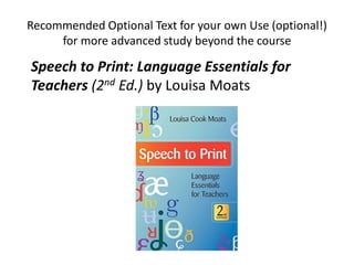 Recommended Optional Text for your own Use (optional!)
for more advanced study beyond the course
Speech to Print: Language Essentials for
Teachers (2nd Ed.) by Louisa Moats
 