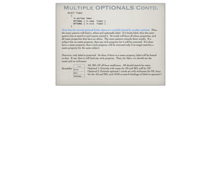 Multiple OPTIONALS Contd.
Note that the second optional binds values to a variable bound by another optional. Thus,
the inner pattern will bind x, mbox and optionally label. If it binds label, then the outer
pattern has to match it and cannot extend it. So result will have all mbox properties, and
all name properties that have an mbox. The outer pattern extends these results. If a
subject has no name property, then any nick property for it will be returned. If it does
have a name property, then a nick property will be returned only if its target matches a
name property for the same subject.
However, only label is projected. So then, if there is a name property, label will be bound
to that. If not, then it will bind any nick property. Thus, for Alice, we should see the
name and no nickname.
ResultSet
SELECT ?label
{
?x mailbox ?mbox .
OPTIONAL { ?x name ?label } .
OPTIONAL { ?x nick ?label } .
}
Label
Alice
Bert
DuckSoup
AS, BD, EF all have mailboxes. All should match for main.
Optional 1: Extends with name for AS and BD, null for EF.
Optional 2: Extends optional 1 result set with nickname for EF, since
for the AS and BD, nick HAS to match bindings of label in optional 1.
 