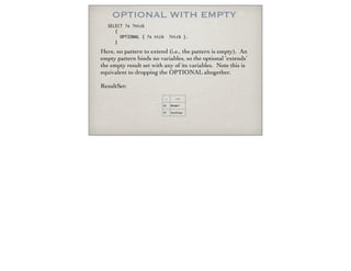 OPTIONAL WITH EMPTY
Here, no pattern to extend (i.e., the pattern is empty). An
empty pattern binds no variables, so the optional ‘extends’
the empty result set with any of its variables. Note this is
equivalent to dropping the OPTIONAL altogether.
ResultSet:
SELECT ?x ?nick
{
OPTIONAL { ?x nick ?nick }.
}
x nick
AS WhoMe?
EF DuckSoup
 